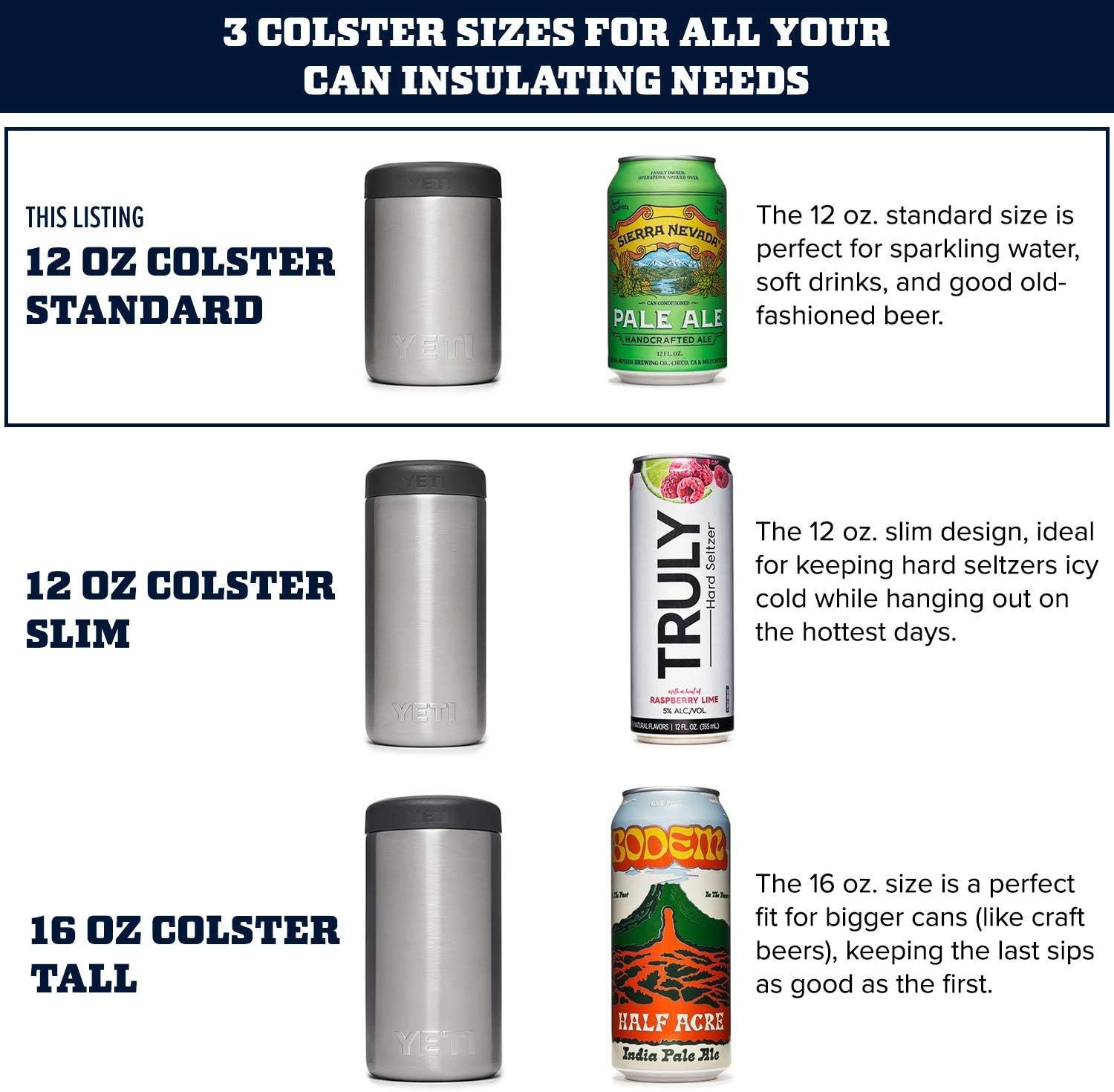 Helps shoppers choose the right colster size from the brand's product lineup by showing three size options (12 oz standard, 12 oz slim, 16 oz tall) with compatibility information for different can…