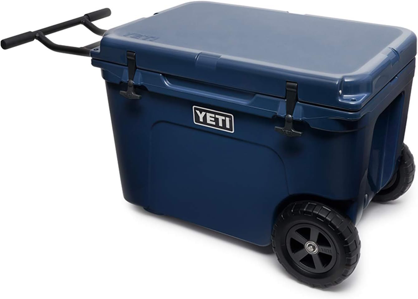 Provides a clean, catalog-style view of the YETI cooler with wheels and handle on a white background, showing the product clearly without distractions.