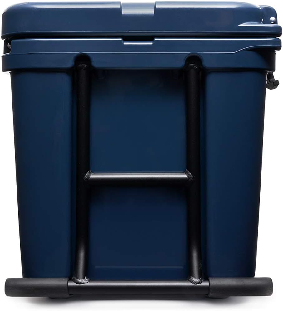 Displays the cooler's handle mechanism and side profile on a white background, showing the pull handle design for portability.