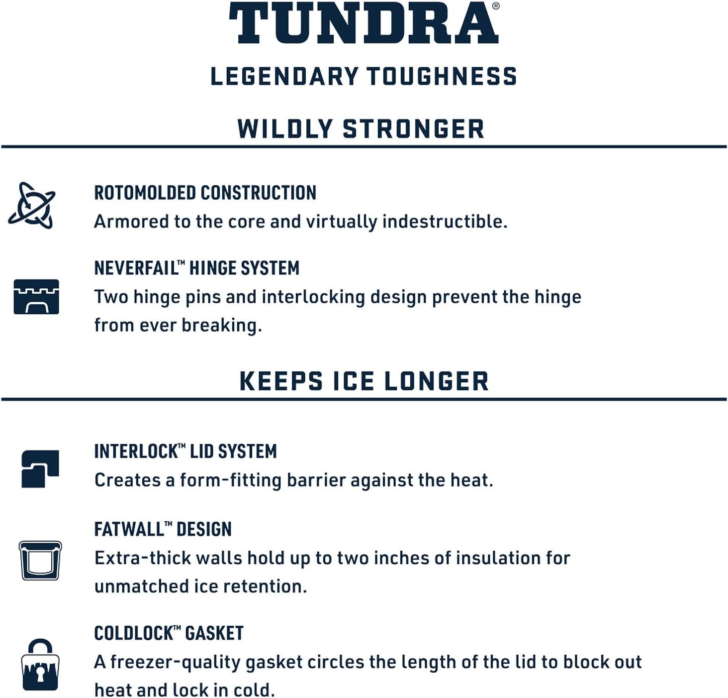 Highlights multiple distinct benefits of the Tundra cooler across two categories: legendary toughness and ice retention, using a segmented layout with icons and descriptions.