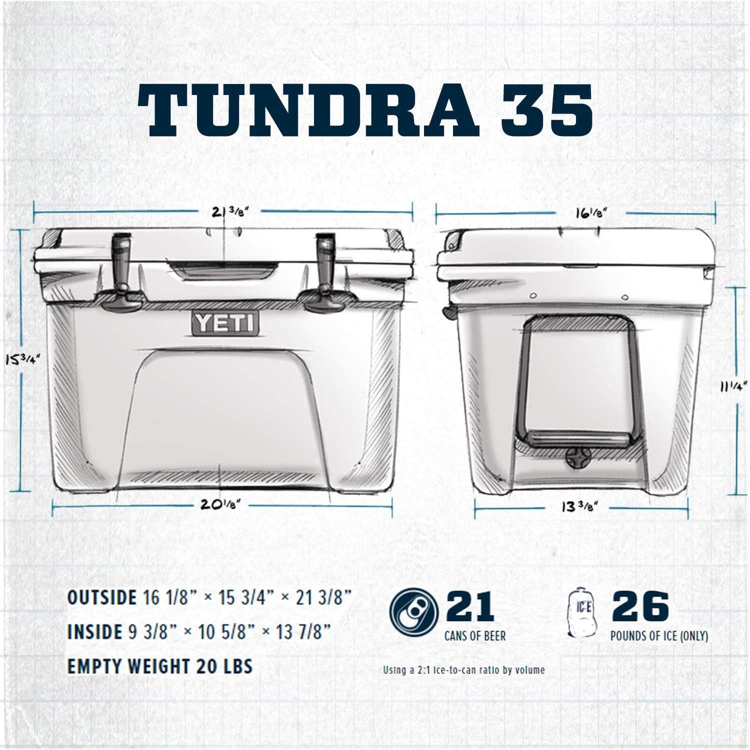 Provides exact physical dimensions of the Tundra 35 cooler from multiple angles, along with capacity metrics for cans of beer and pounds of ice to help shoppers understand the product's size and…