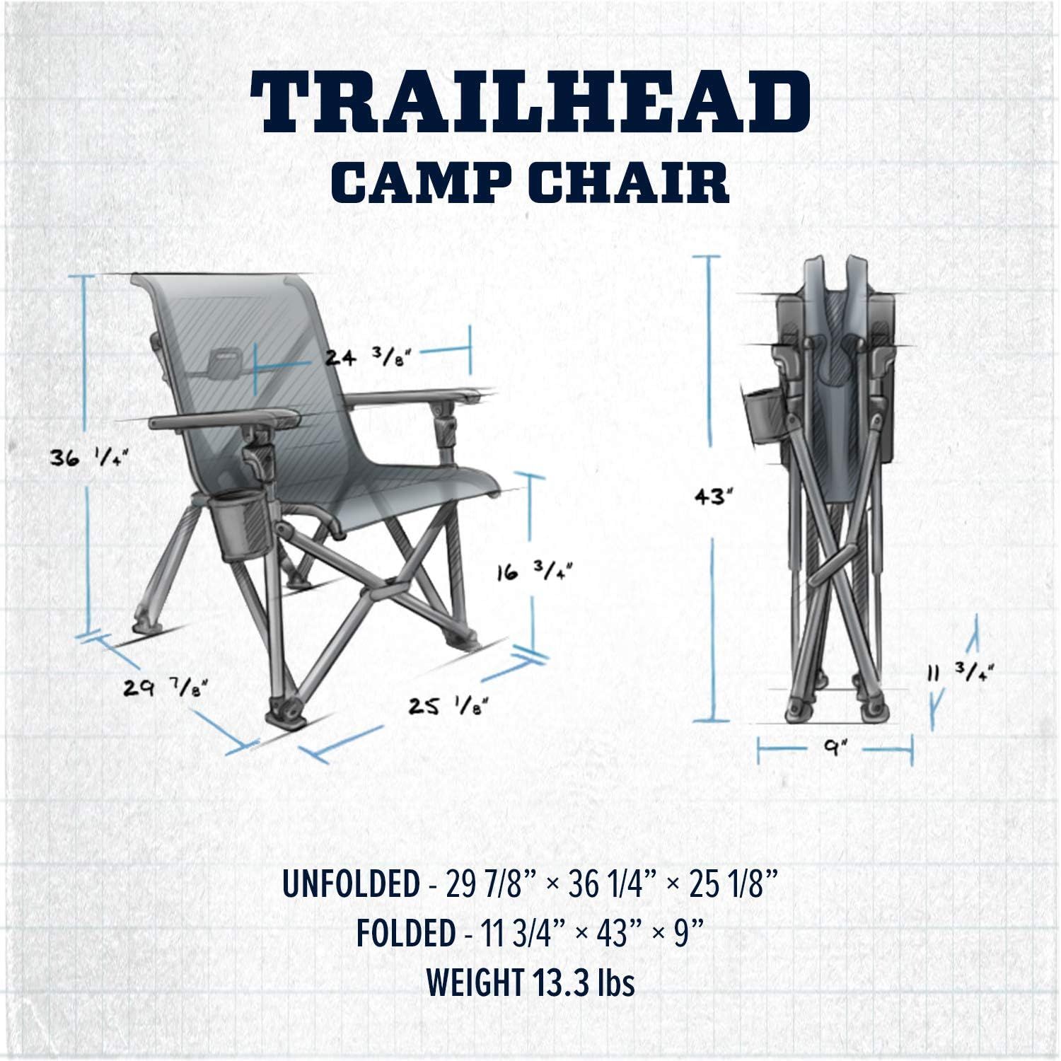 Provides exact physical dimensions of the chair in both unfolded and folded states, plus weight, to help shoppers understand the product's size and portability.