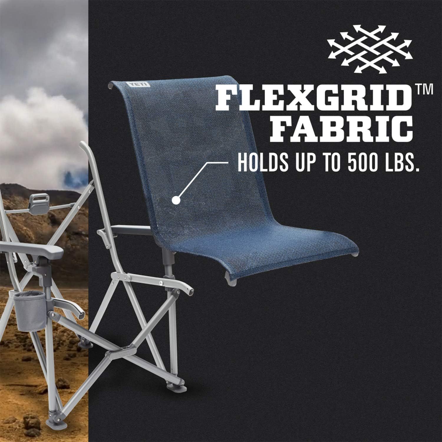 Highlights the FlexGrid fabric's 500 lbs weight capacity to reassure shoppers about the chair's strength and durability. Communicates the strength and reliability of the proprietary fabric material.