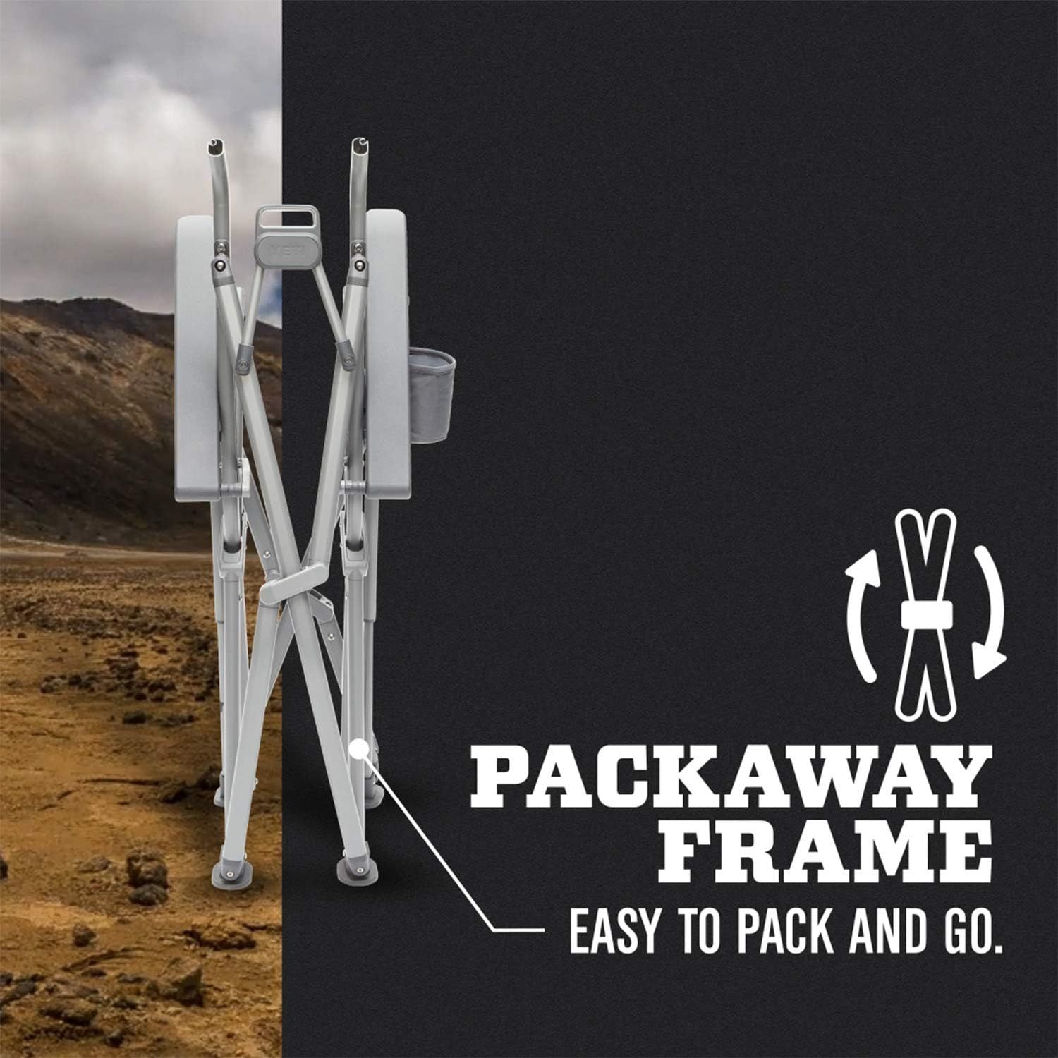 Demonstrates the chair's packaway frame feature, emphasizing ease of transport and storage for camping and travel.