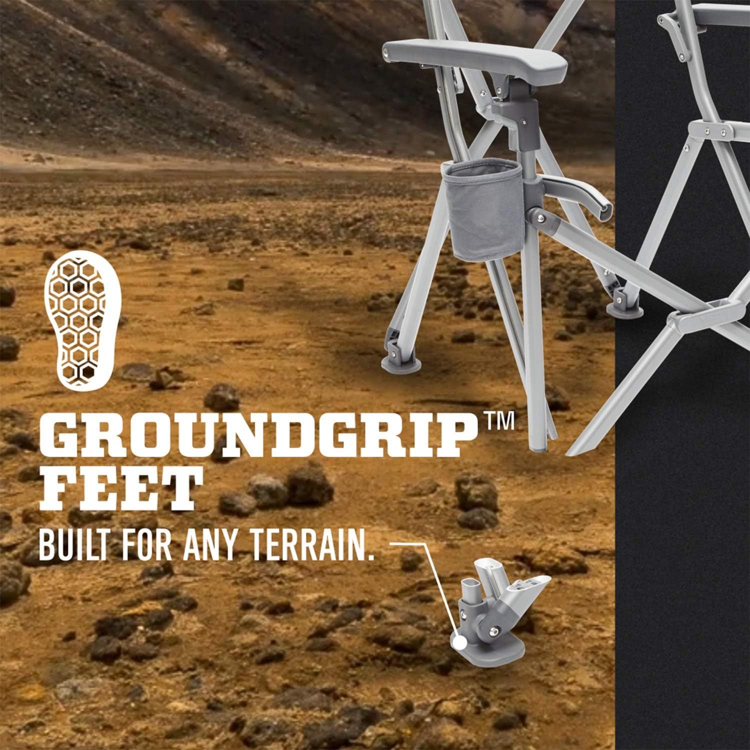 Highlights the GroundGrip feet feature that provides stability on any terrain, reassuring shoppers the chair works on uneven outdoor surfaces.