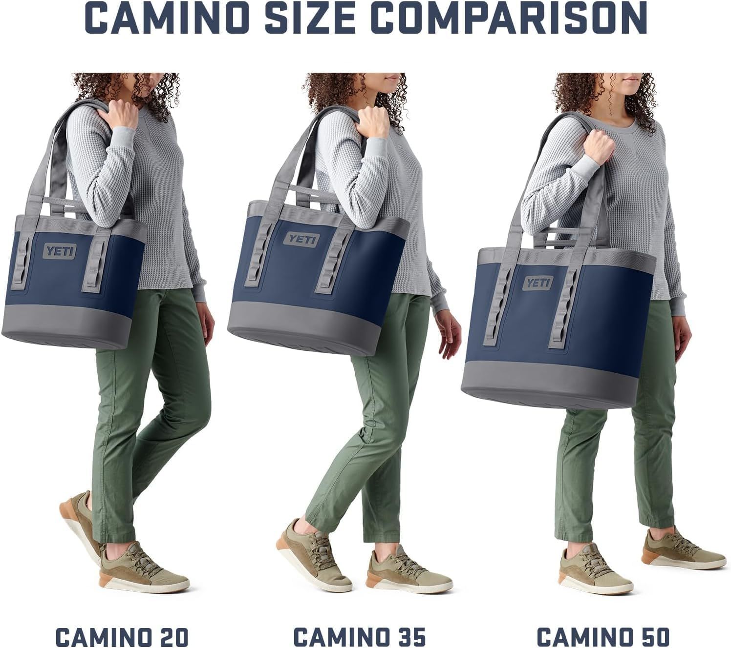 Helps shoppers choose the right size by showing the brand's three Camino bag options side-by-side on the same person for scale comparison.