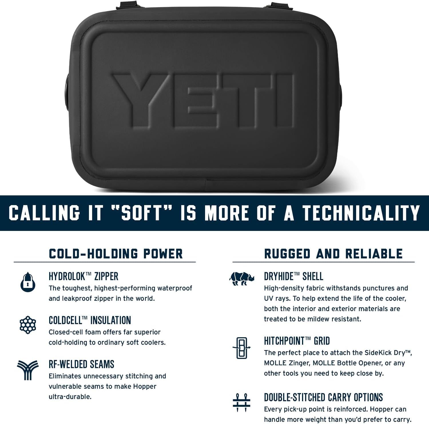Highlights multiple distinct construction features and benefits in a segmented layout to communicate the cooler's durability, insulation performance, and versatility.