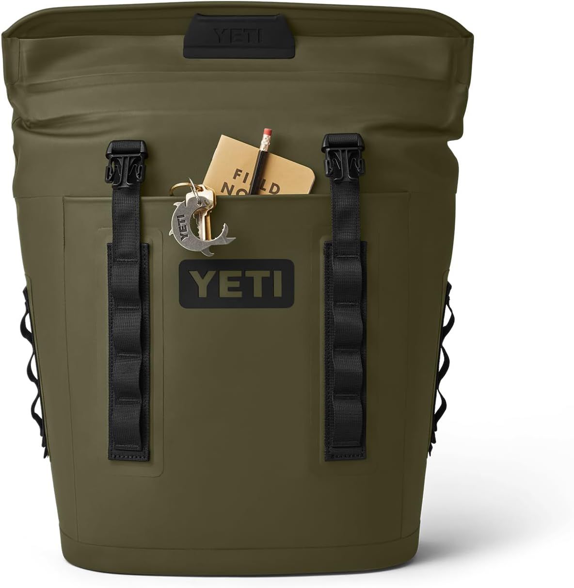 Highlights the front pocket's accessibility and storage capability by showing items stored in the pocket for quick access.