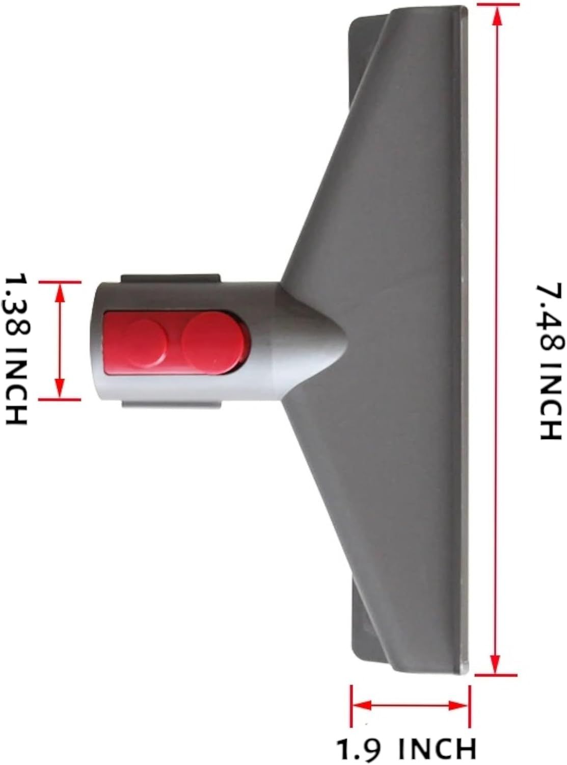 Displays the exact physical dimensions of the vacuum attachment (7.48 inch height, 1.38 inch width, 1.9 inch depth) to help shoppers understand its size.