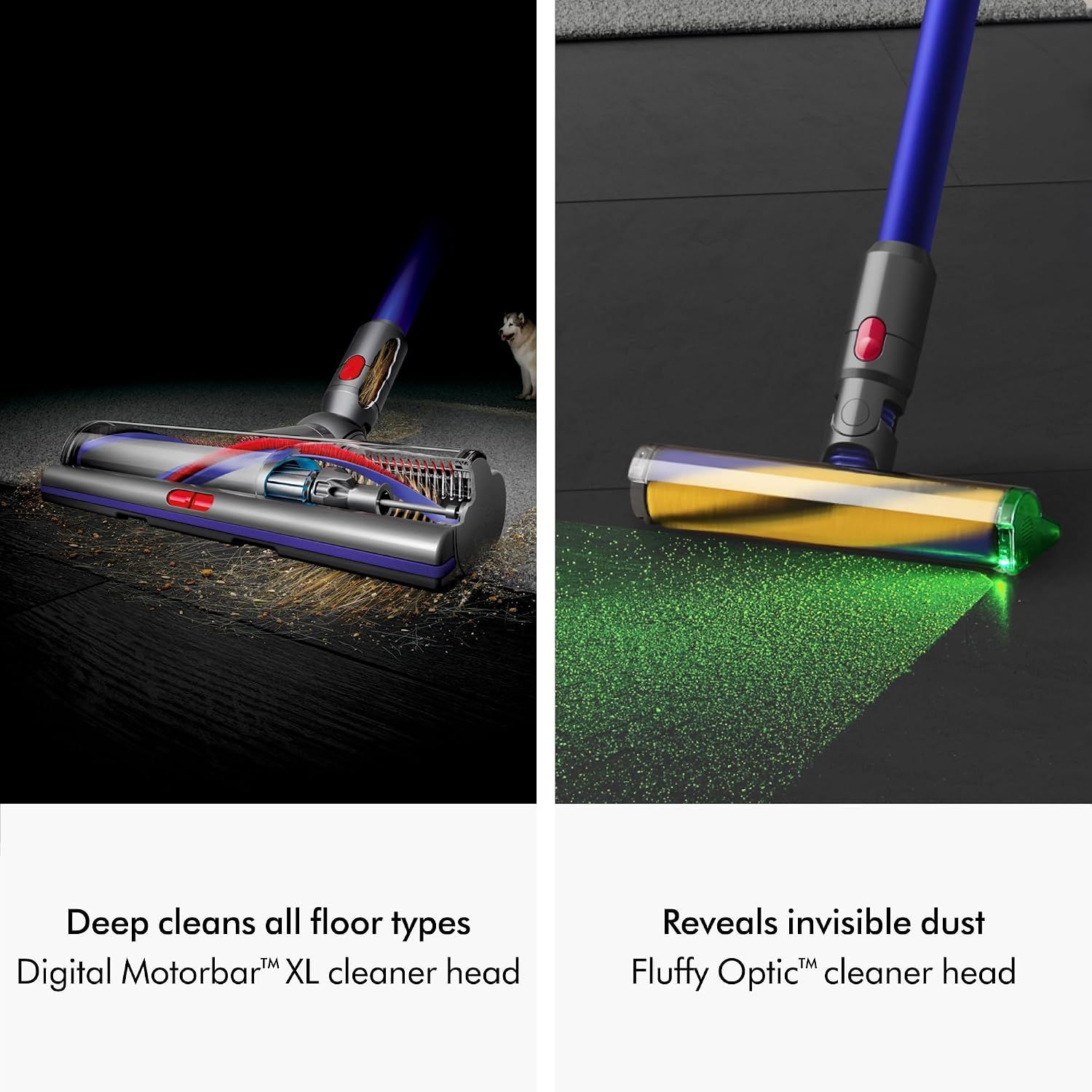 Highlights two distinct cleaner head benefits in a side-by-side layout: deep cleaning across all floor types and illumination to reveal hidden dust, demonstrating versatility and thoroughness.