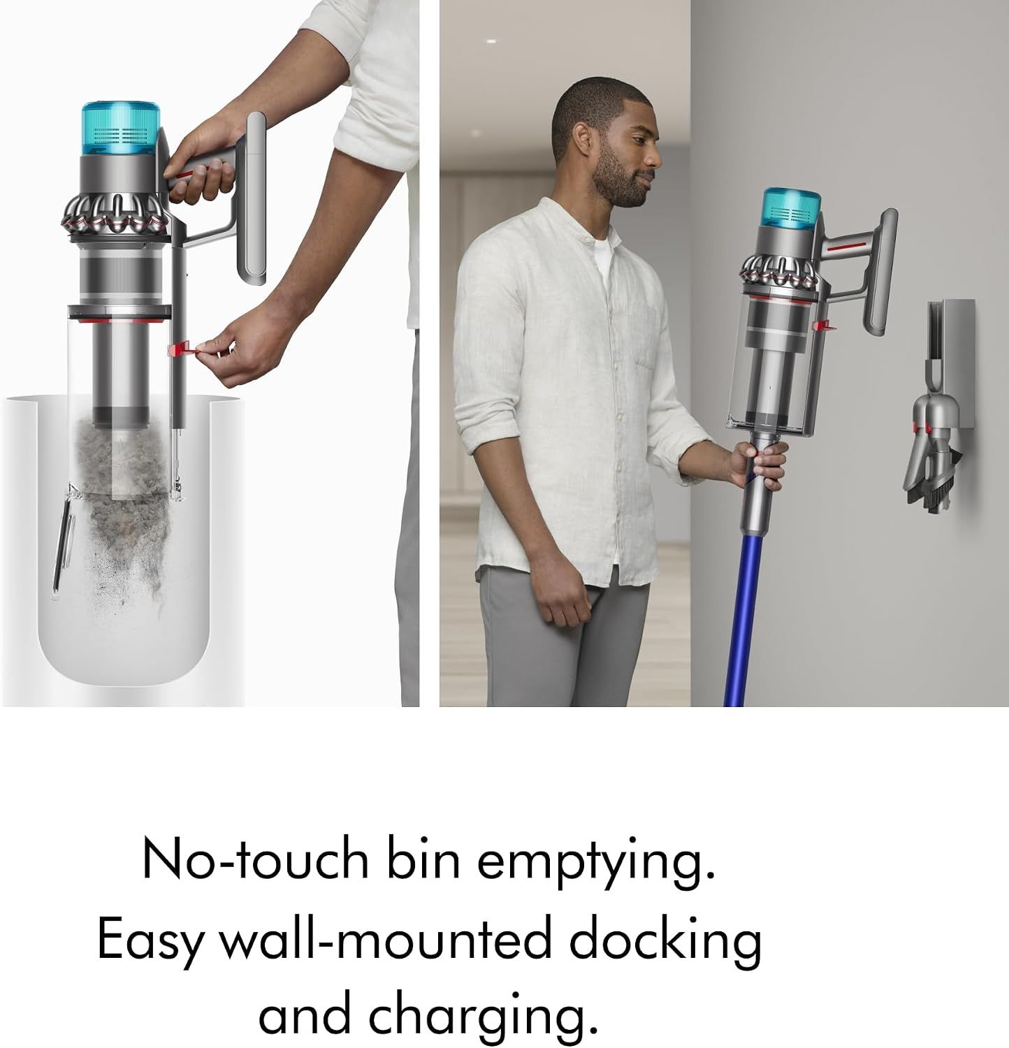 Highlights the convenient hygienic bin emptying and integrated wall-mount storage solution, reassuring shoppers about ease of maintenance and space-saving storage.