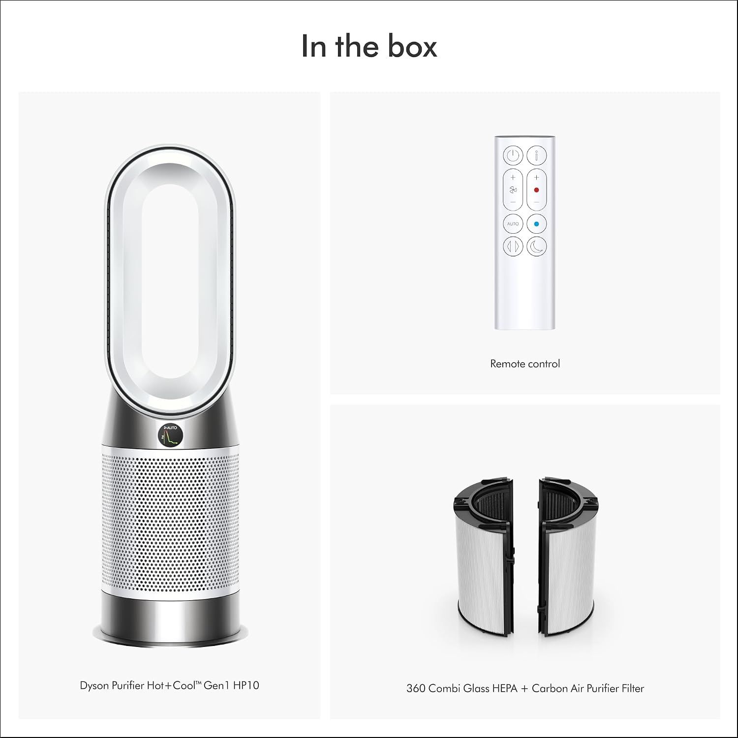 Shows everything included in the box: the purifier unit, remote control, and replacement filters, so customers know exactly what they receive.
