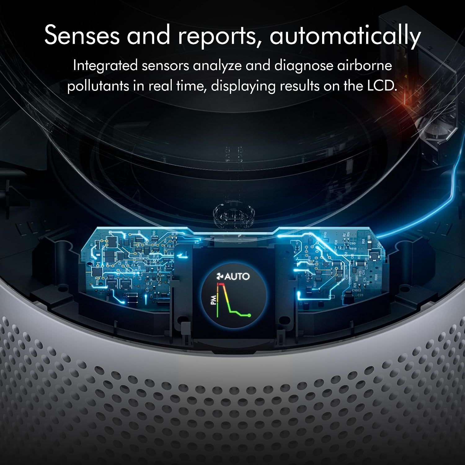 Highlights the intelligent sensor technology that monitors air quality in real time and displays results on the LCD, reassuring customers of smart, automated performance.