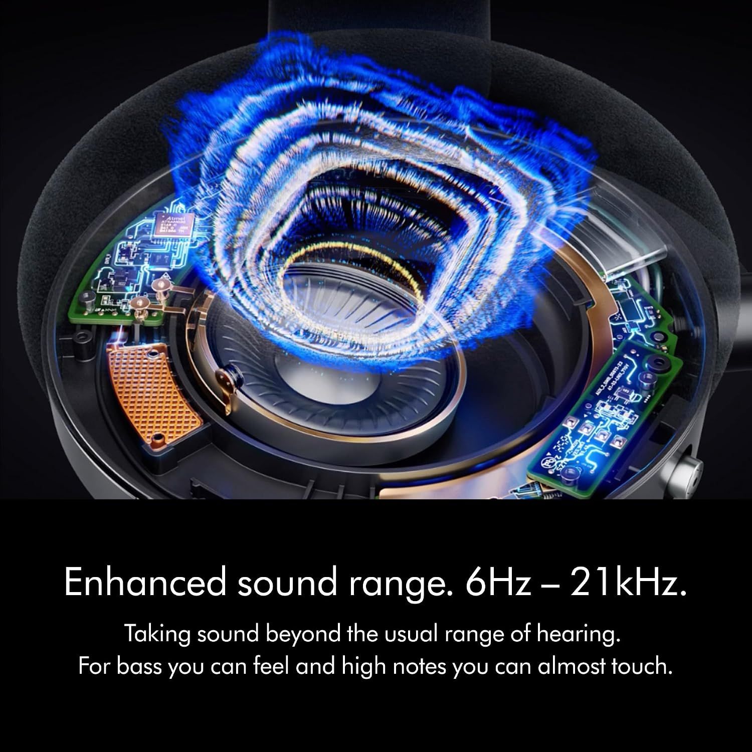 Showcases the headphones' superior frequency range to communicate exceptional audio performance and immersive sound quality. Communicates the benefit of extended audio range for a richer listening…