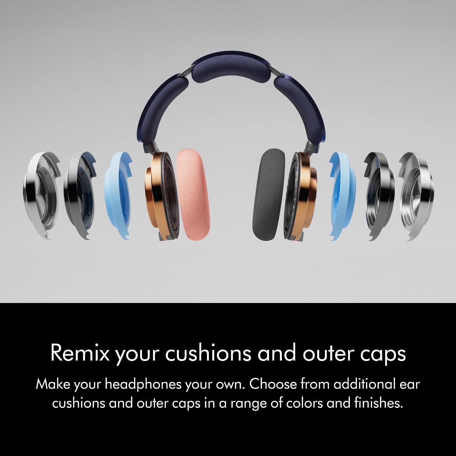 Highlights the personalization feature allowing customers to customize their headphones with different colors and finishes.