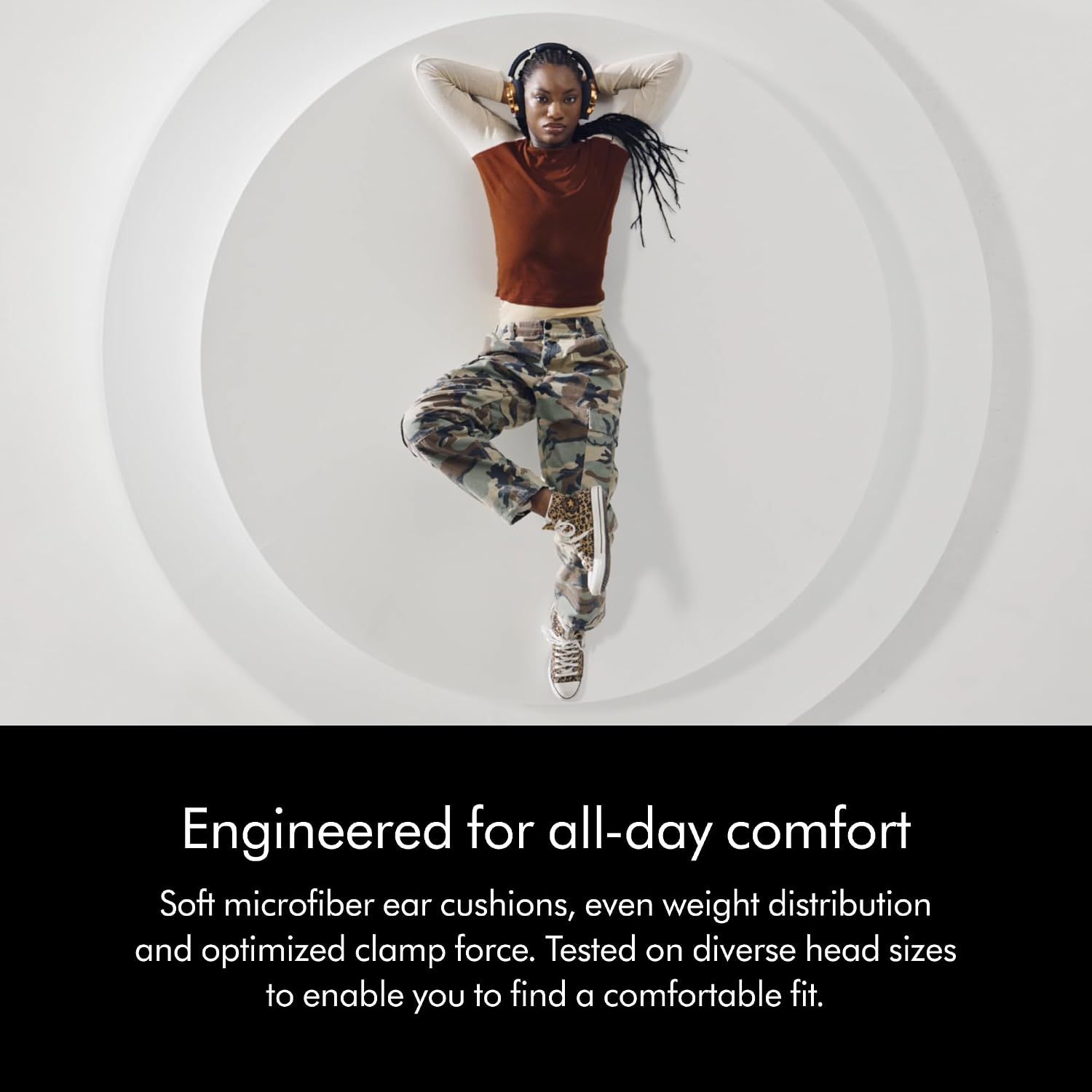 Emphasizes the comfort engineering with soft cushions and optimized fit to reassure shoppers they can wear the headphones for extended periods.