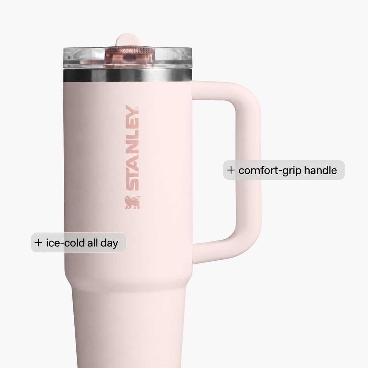 Points out two key product features with callouts: the ergonomic handle design and the insulation performance. Highlights two distinct benefits (comfortable handling and all-day cold retention) to…