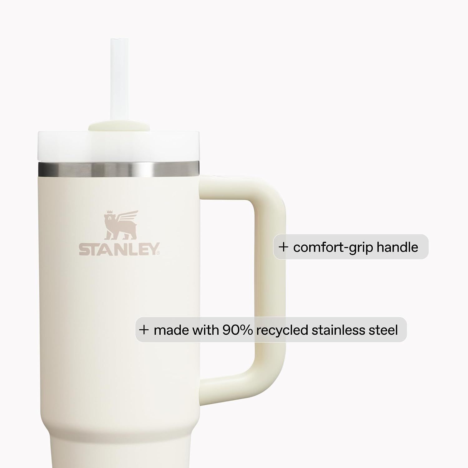 Highlights two distinct product benefits: the ergonomic comfort-grip handle for easy carrying and the sustainable recycled stainless steel construction.