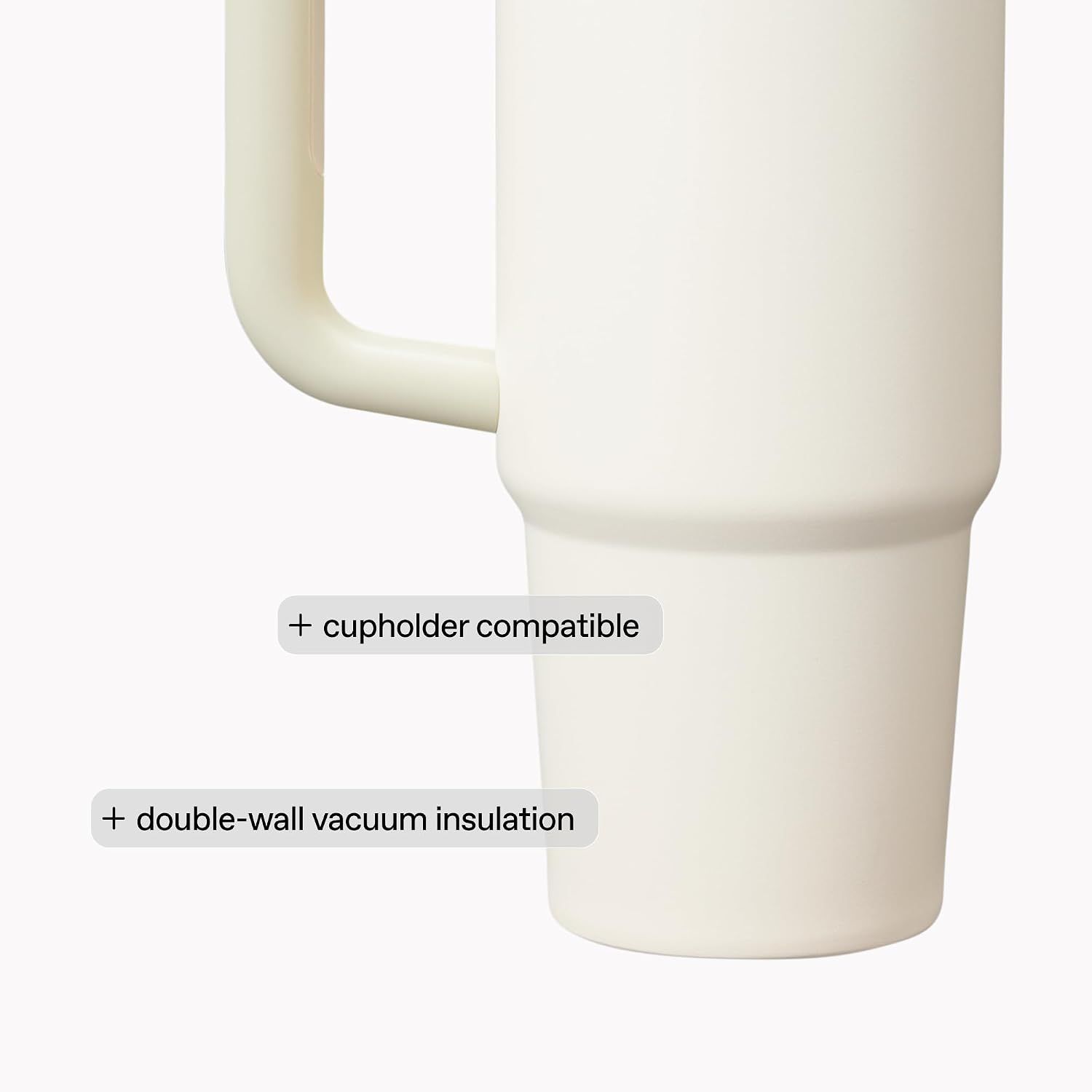 Communicates two key benefits: the product fits in standard cupholders for portability and features double-wall vacuum insulation for temperature retention.