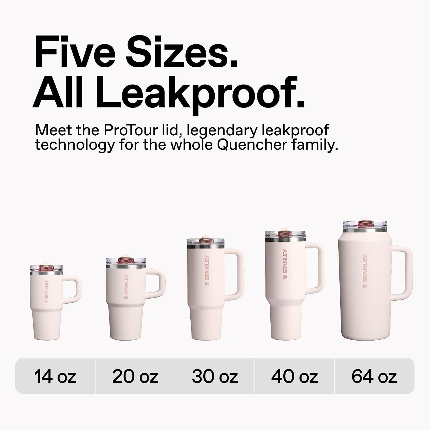 Showcases the Stanley Quencher product line with five available size options (14oz to 64oz) and highlights the universal leakproof ProTour lid technology across the entire family.