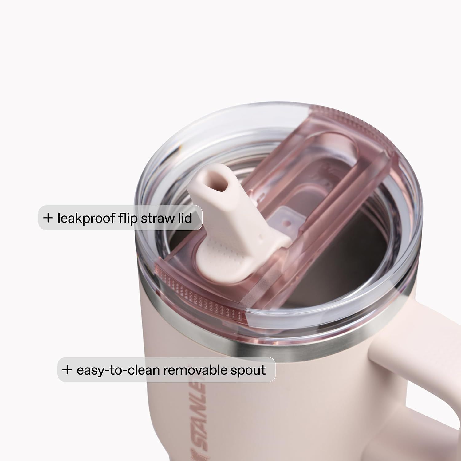 Breaks down the lid components with labeled callouts pointing to the leakproof flip straw and removable spout, helping shoppers understand the physical design and cleaning convenience. Highlights…