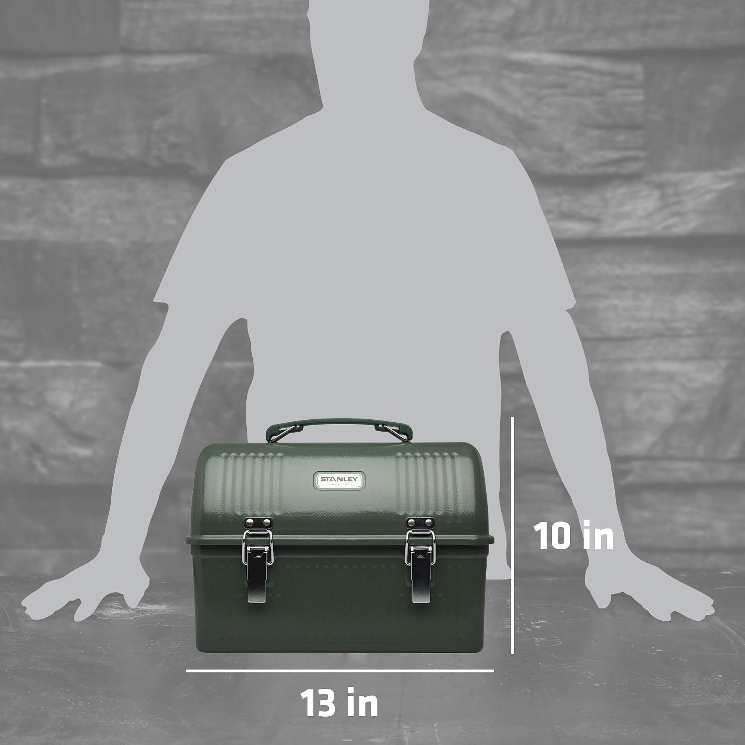 Shows the physical size of the lunch box (13 inches by 10 inches) using dimensional overlays and a human silhouette for scale, helping shoppers understand how big the product is.