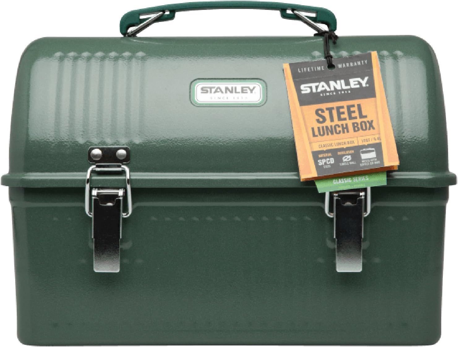 Shows the lunch box with its original packaging tag attached, providing a clean product view that includes branding and product information.