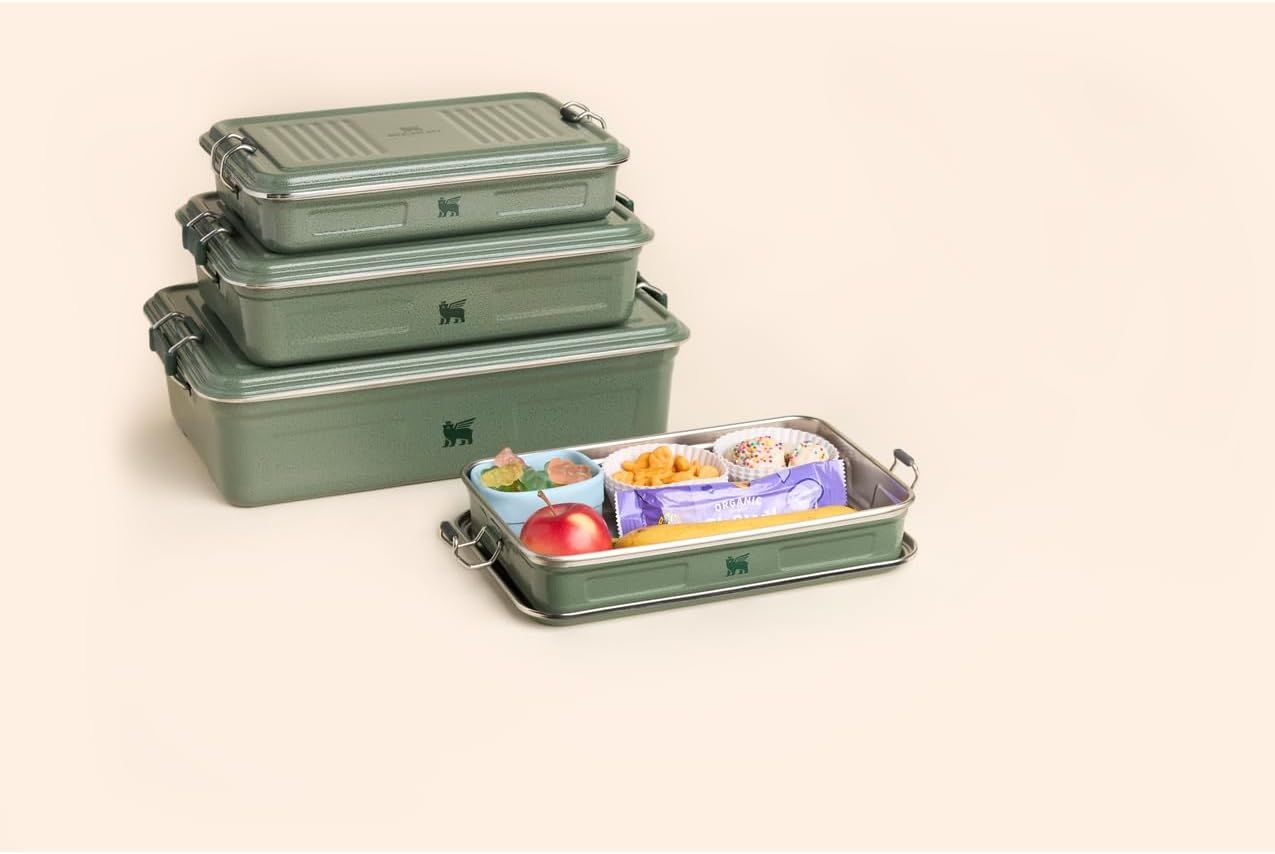 Showcases the brand's product lineup with multiple size options and demonstrates versatility with one container showing food storage use.