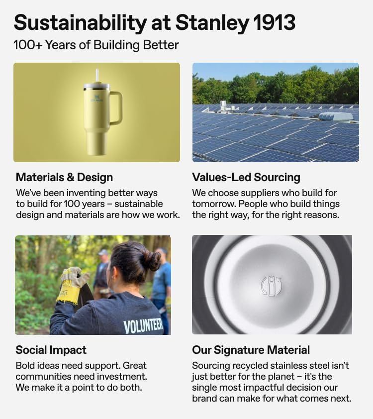 Communicates the brand's comprehensive sustainability commitment across multiple dimensions including materials, sourcing, social impact, and recycled stainless steel use. Highlights the brand's…