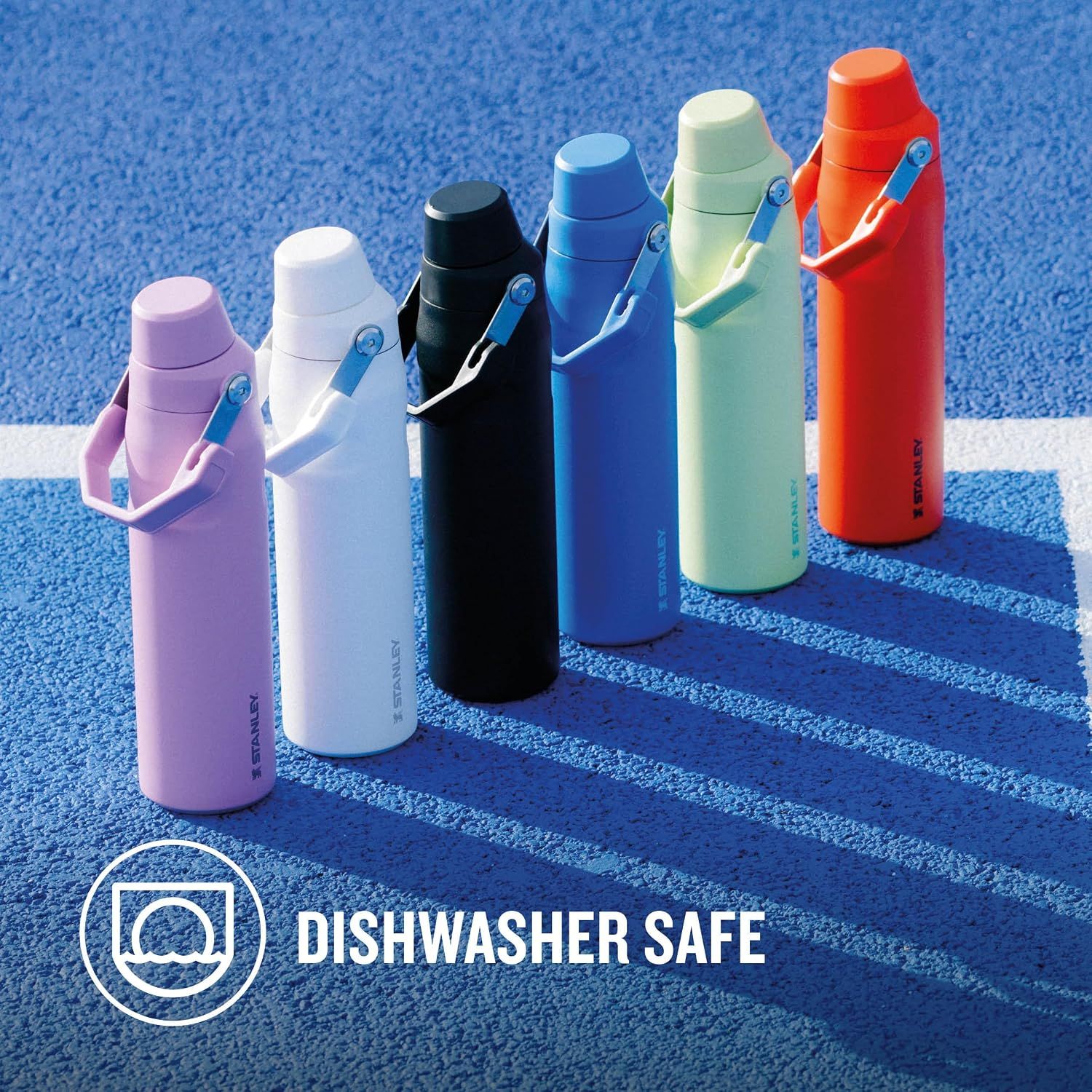 Reassures shoppers that the bottle is dishwasher safe, making it convenient and easy to clean. Showcases the variety of color options available in the Stanley product line to help shoppers choose…