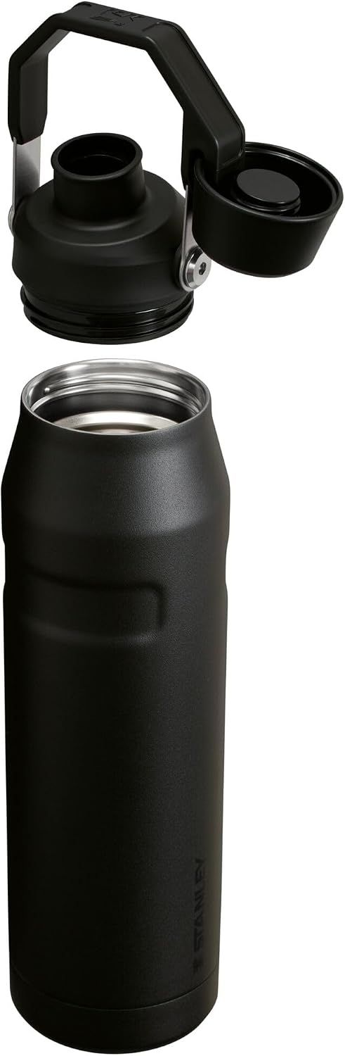 Shows all the components included with the bottle purchase, including the main bottle body, lid with handle, and additional cap piece.