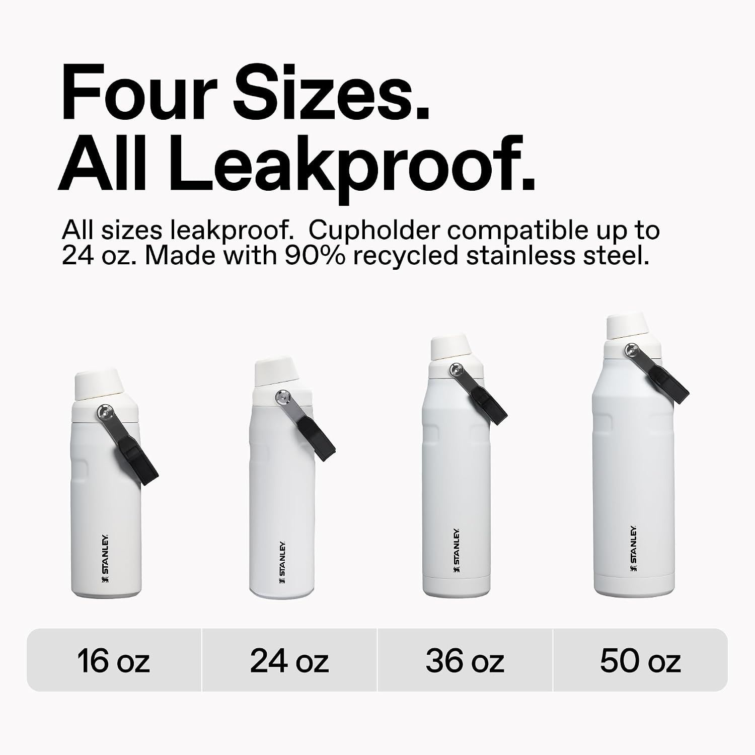 Showcases the brand's product lineup across four size options while highlighting leakproof performance and eco-friendly recycled stainless steel construction. Communicates multiple benefits…