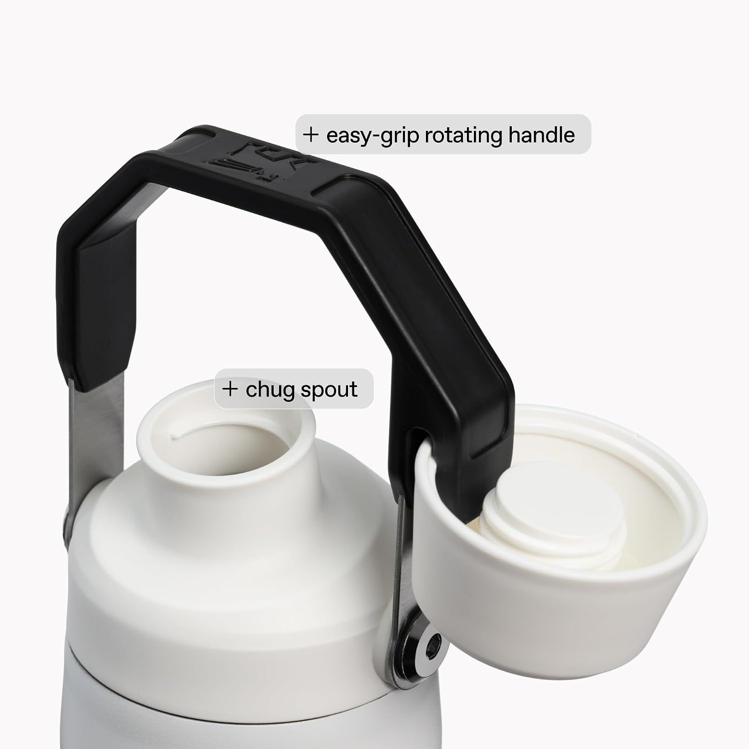 Breaks down the physical components of the lid system, highlighting the rotating handle and chug spout features to help shoppers understand the product's functional design.