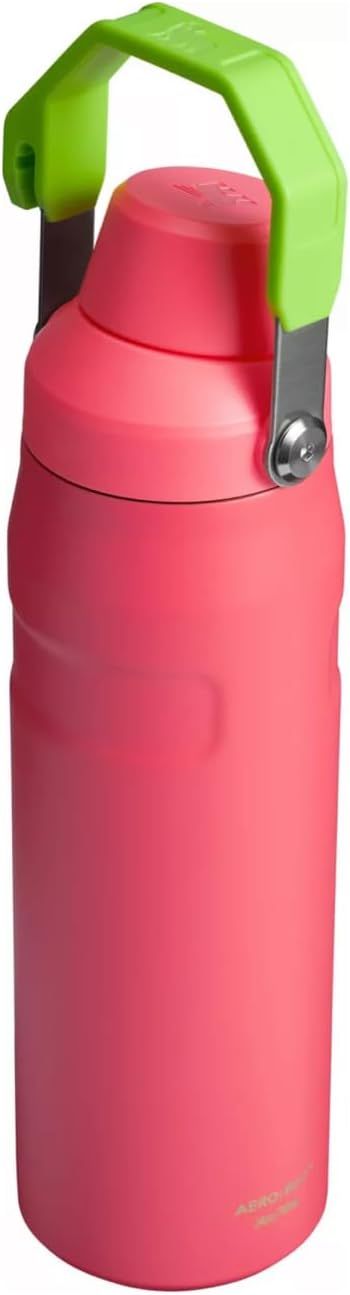 Provides a clean, catalog-style view of the water bottle showing its pink color, green handle, and overall design without distractions.