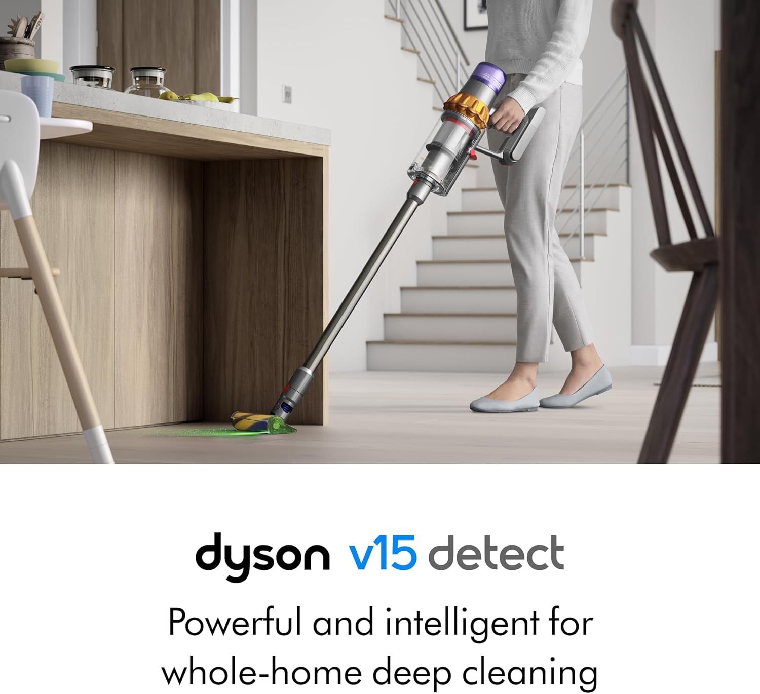 Shows the product in use in a real home environment to help shoppers visualize how the vacuum fits into their daily cleaning routine.