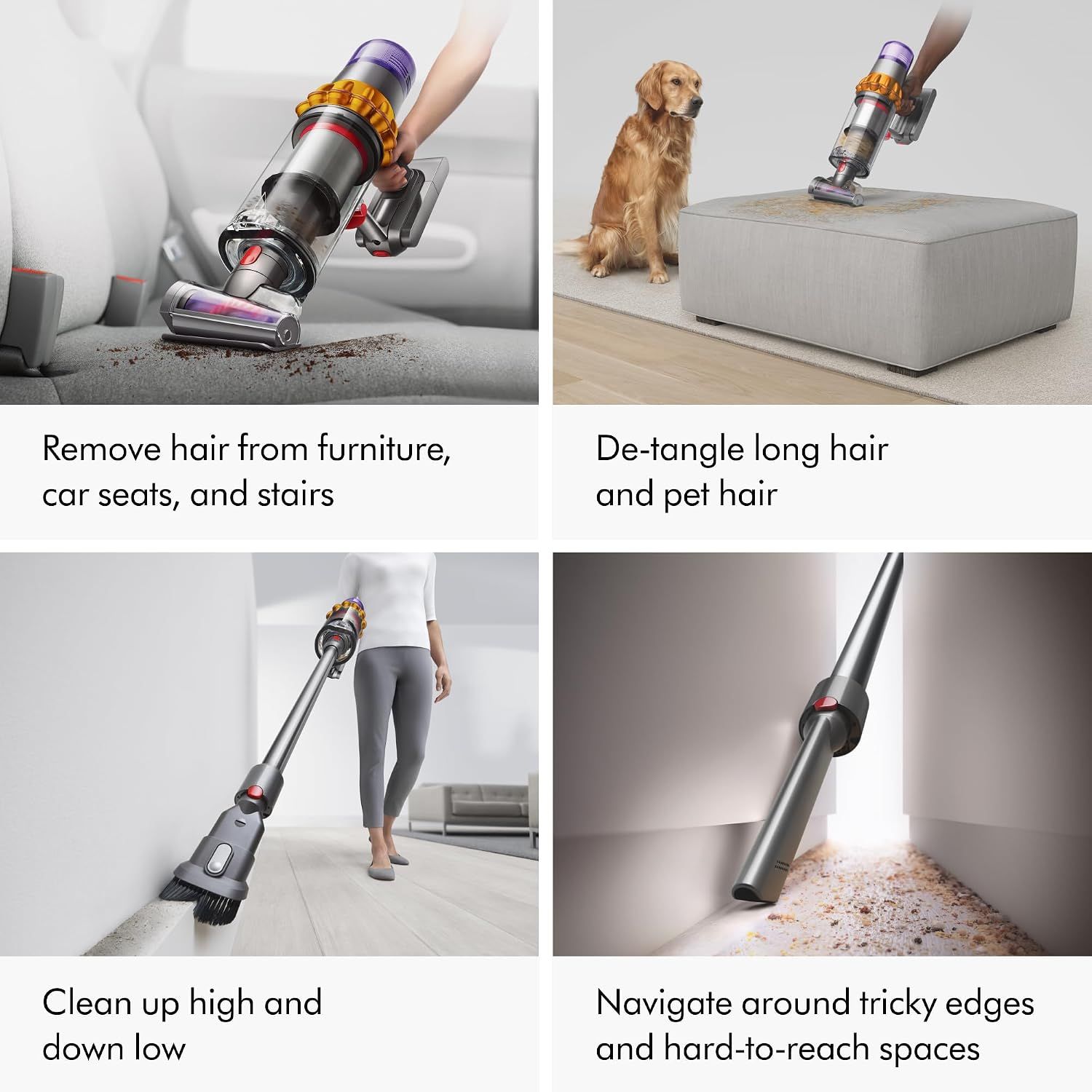 Demonstrates multiple use cases and cleaning scenarios where the vacuum excels, from furniture and pet hair to high/low areas and hard-to-reach spaces.