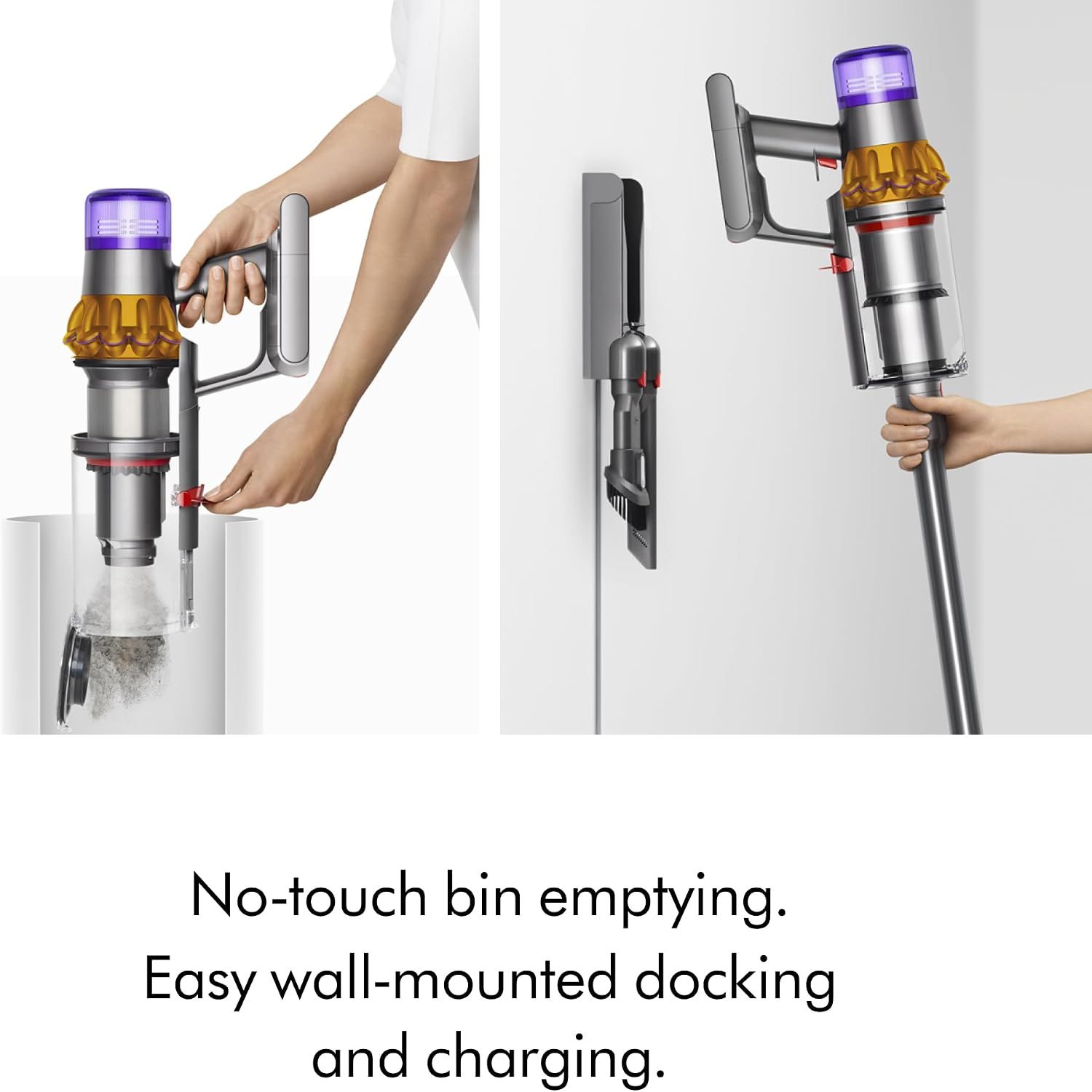 Highlights the convenient no-touch bin emptying and easy wall-mounted docking/charging system, reassuring shoppers of hassle-free maintenance and storage.