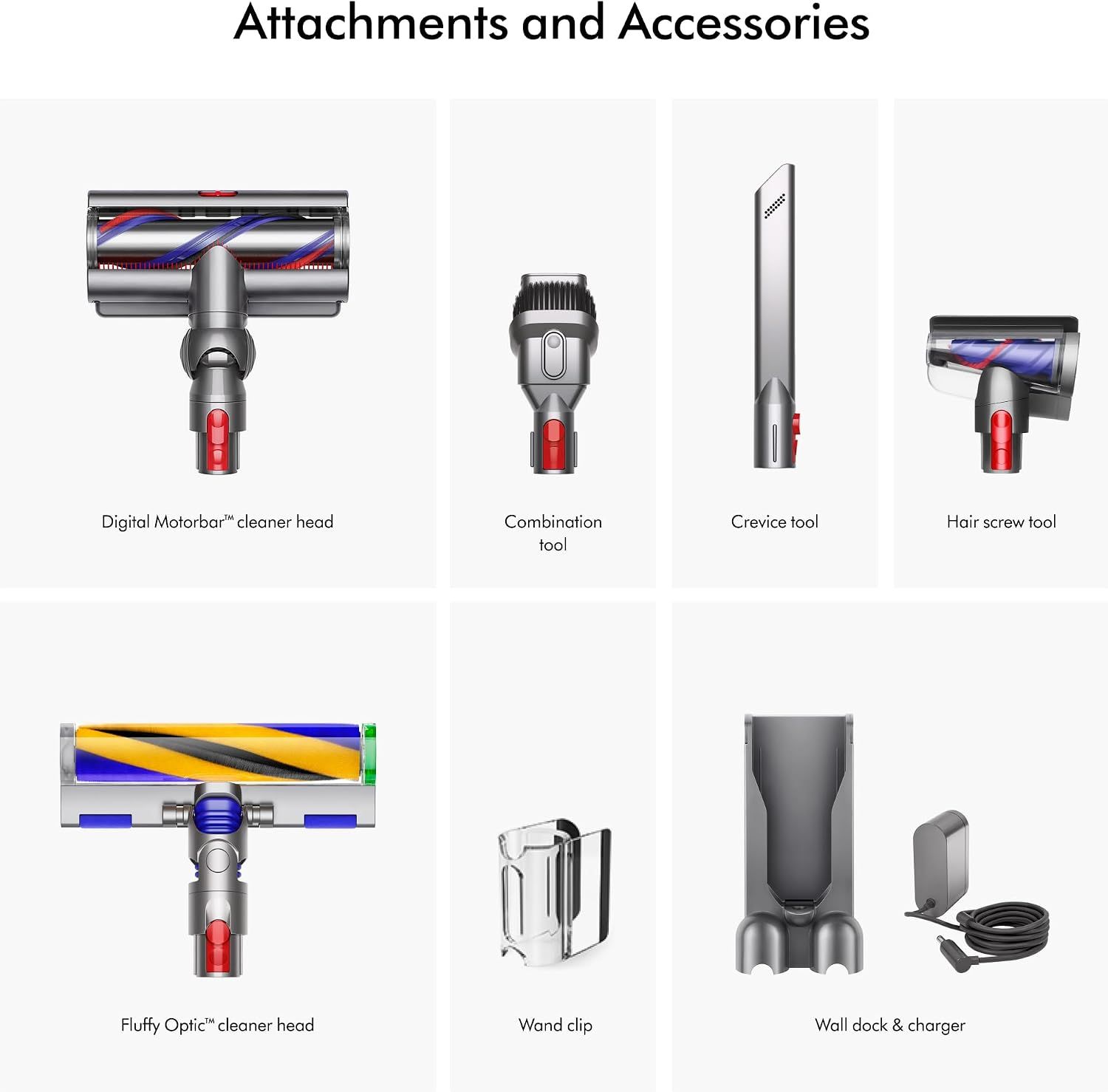 Shows all the attachments and accessories included with the vacuum purchase, helping shoppers understand the complete value and versatility of the package.