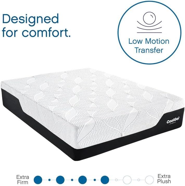 Highlights the mattress's low motion transfer feature and firmness level to reassure shoppers that the mattress is designed for comfort and undisturbed sleep.