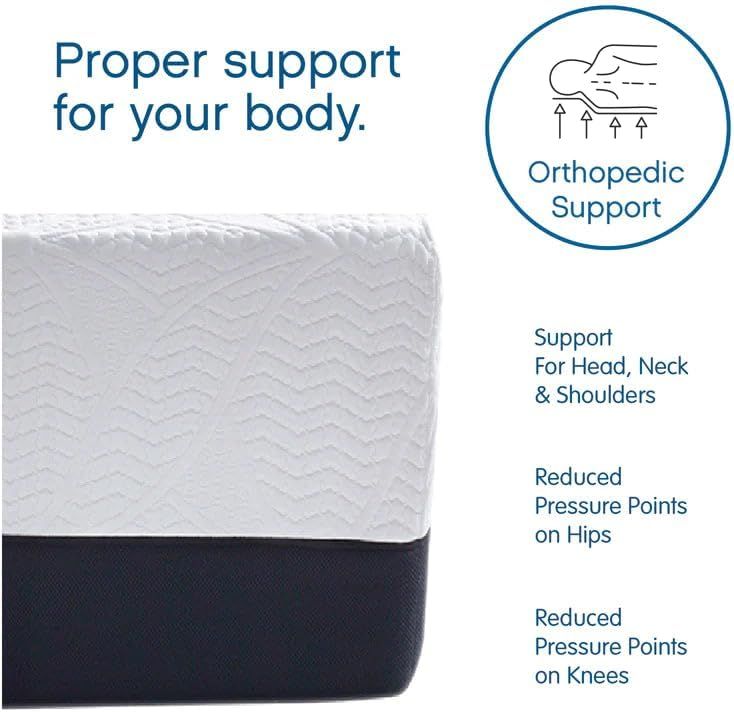Communicates multiple health and comfort benefits including orthopedic support for head, neck, and shoulders, plus reduced pressure points on hips and knees, reassuring shoppers of proper body…