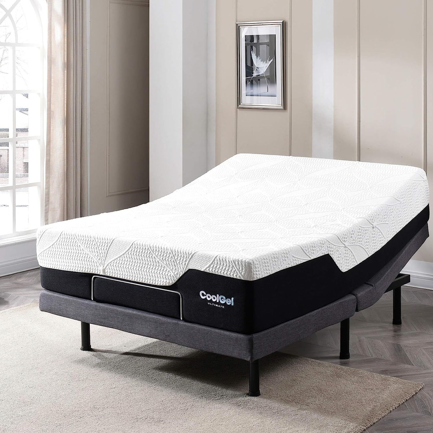 Shows the mattress on an adjustable base in a real bedroom setting, demonstrating its flexibility and compatibility with adjustable frames.