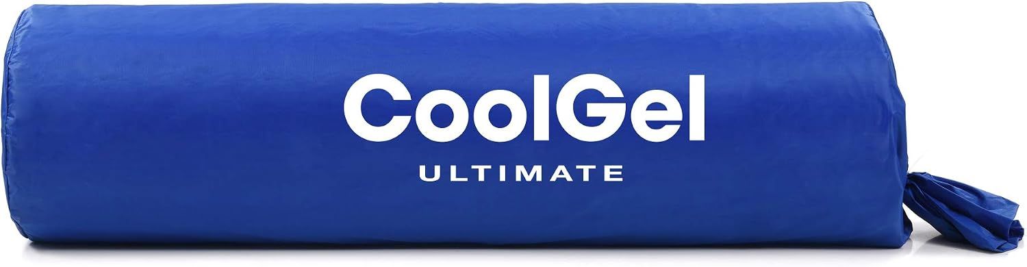 Displays the pillow rolled and stored in its branded travel bag with carrying strap for portability.
