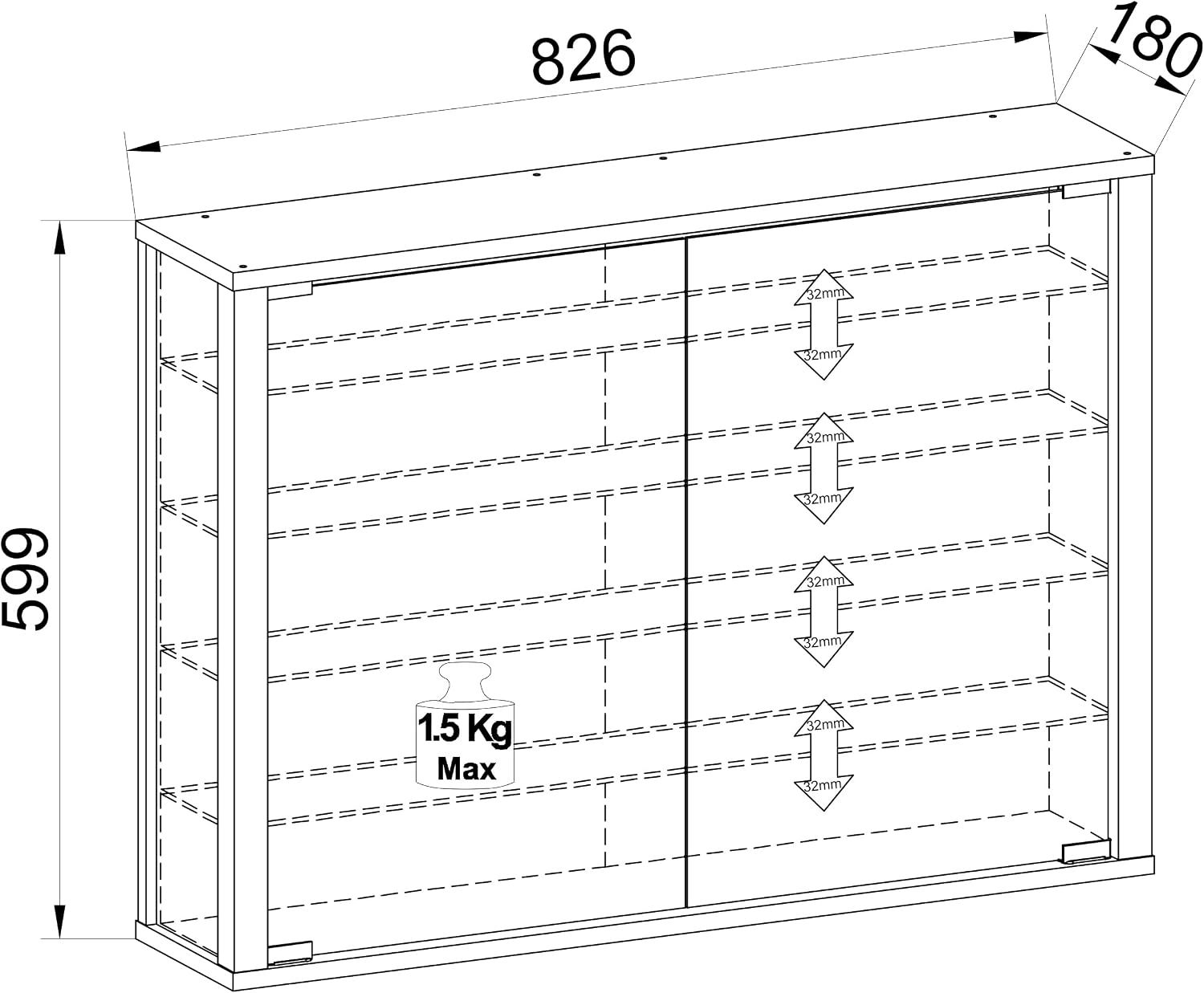 Provides exact physical dimensions (826 x 599 x 180) and weight capacity (1.5 Kg Max per shelf) with arrows and measurements to help shoppers understand the product's size and load-bearing…