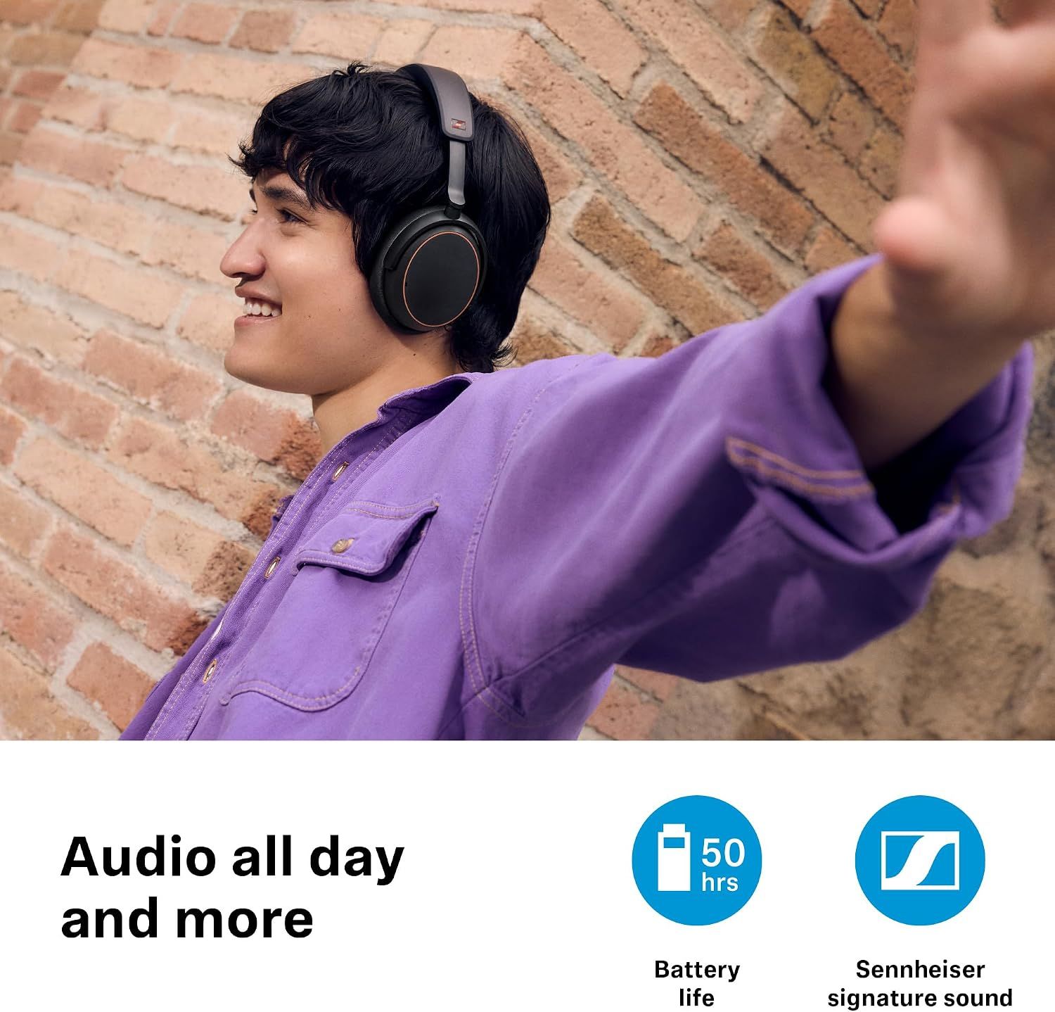 Shows two headline benefits, long battery life and brand sound quality, in a segmented icon panel under a lifestyle photo.
