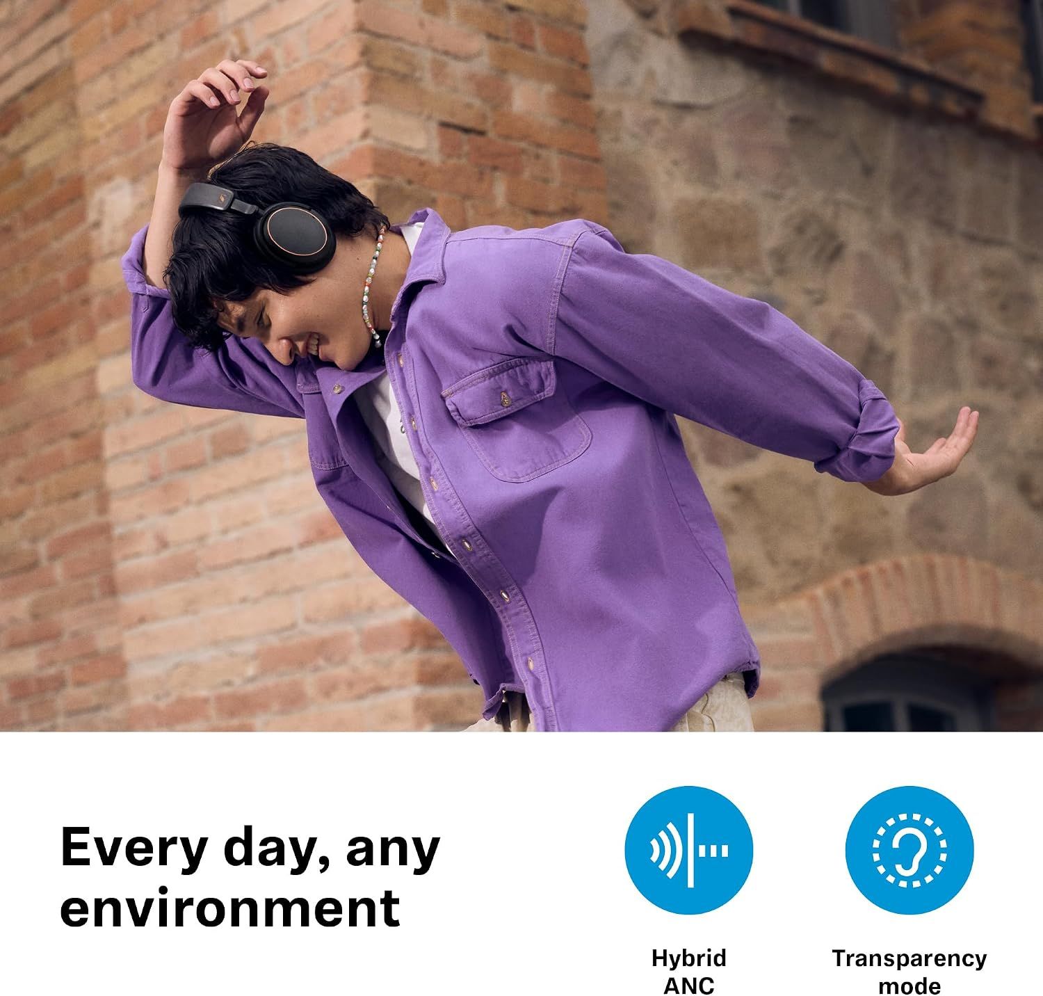 Shows the headphones handle any environment, with noise cancelling and ambient awareness icons, to reassure shoppers they work everywhere.