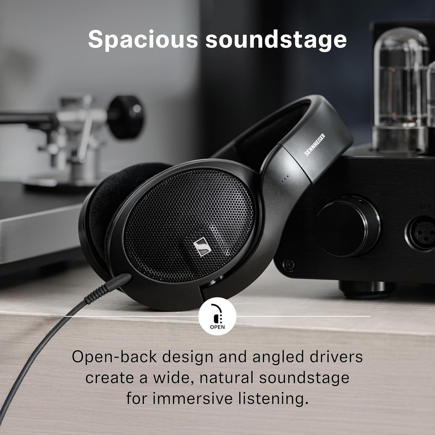 Shows the open-back drivers create a wide, natural soundstage for immersive listening.