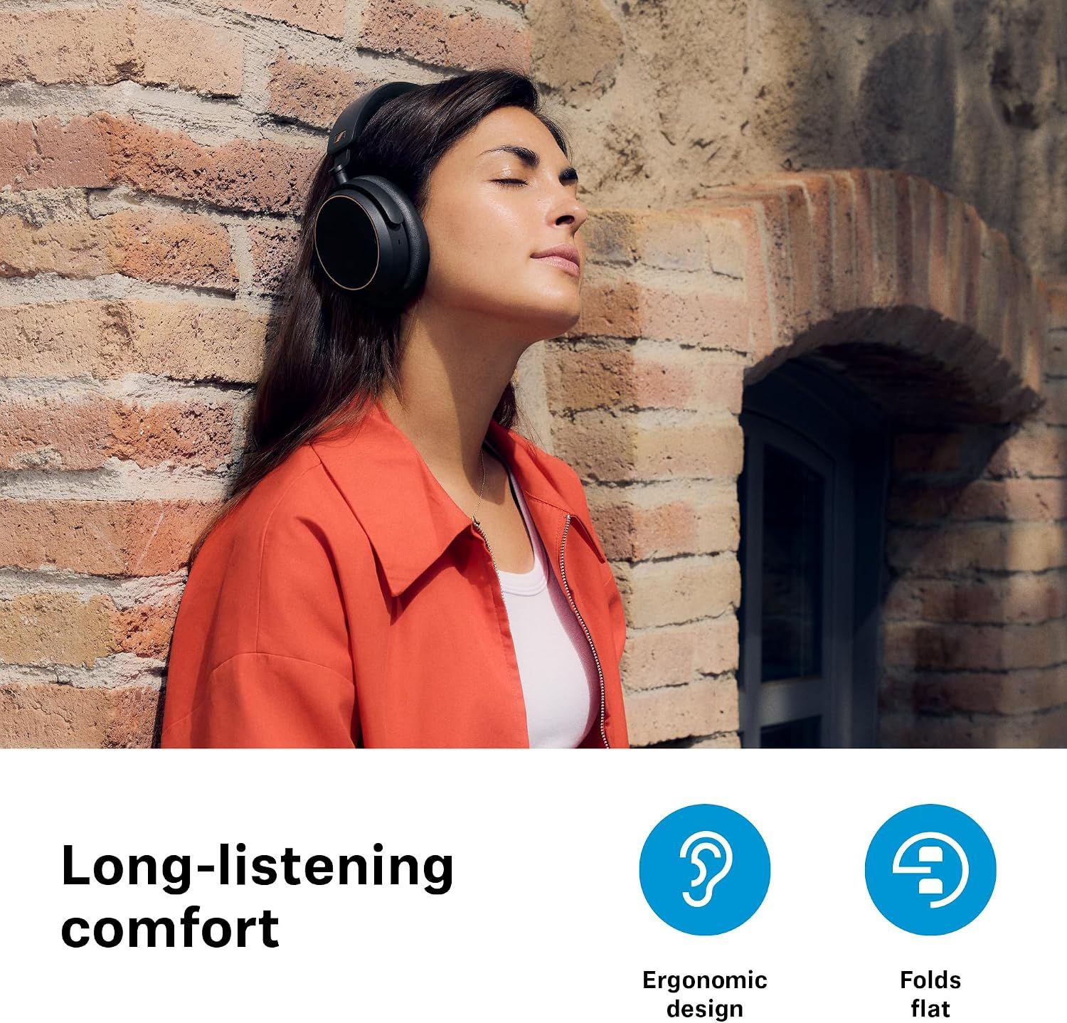 Shows comfort and portability as two benefits, so shoppers trust the headphones for long sessions and easy storage.