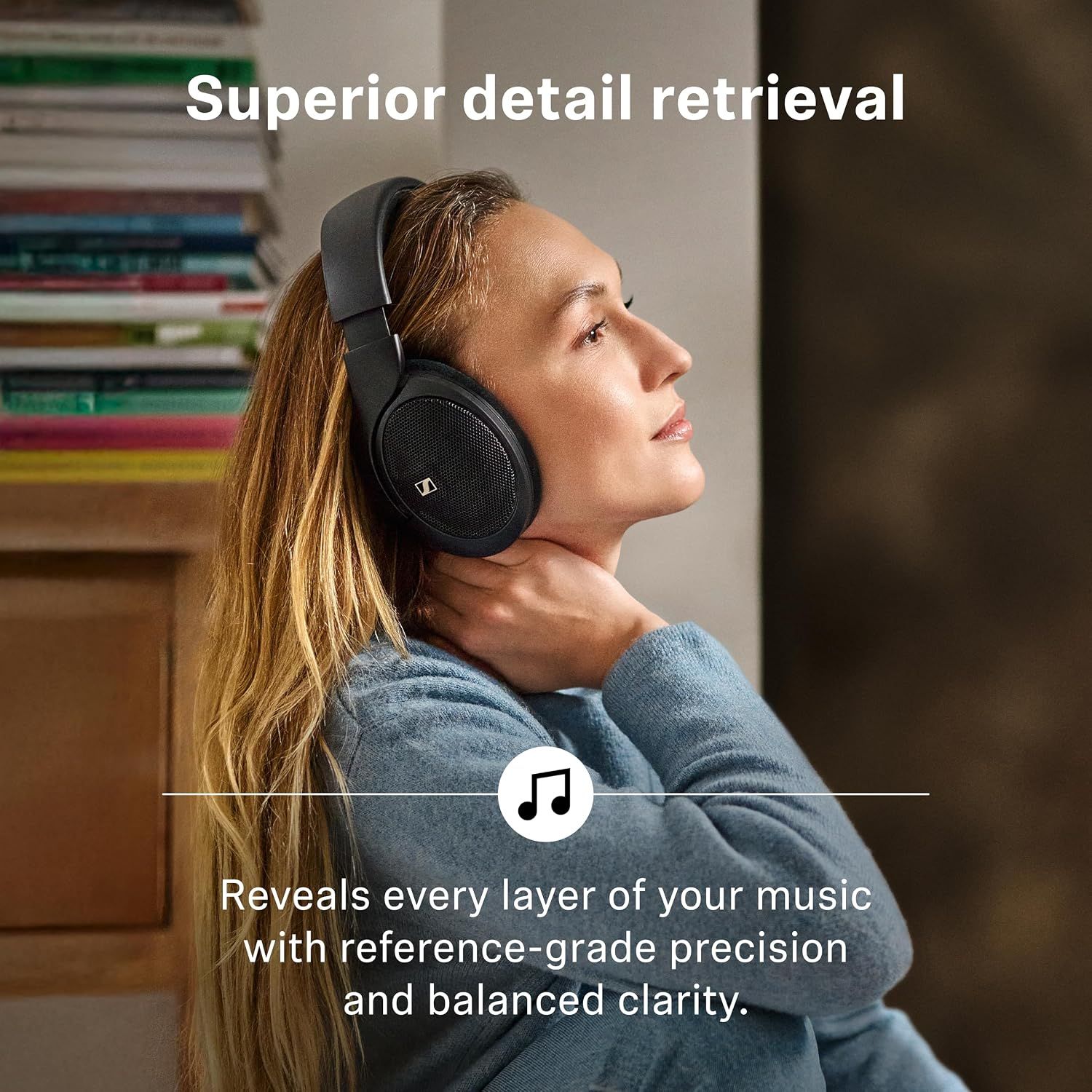 Tells shoppers the headphones reveal every layer of their music with reference-grade precision.