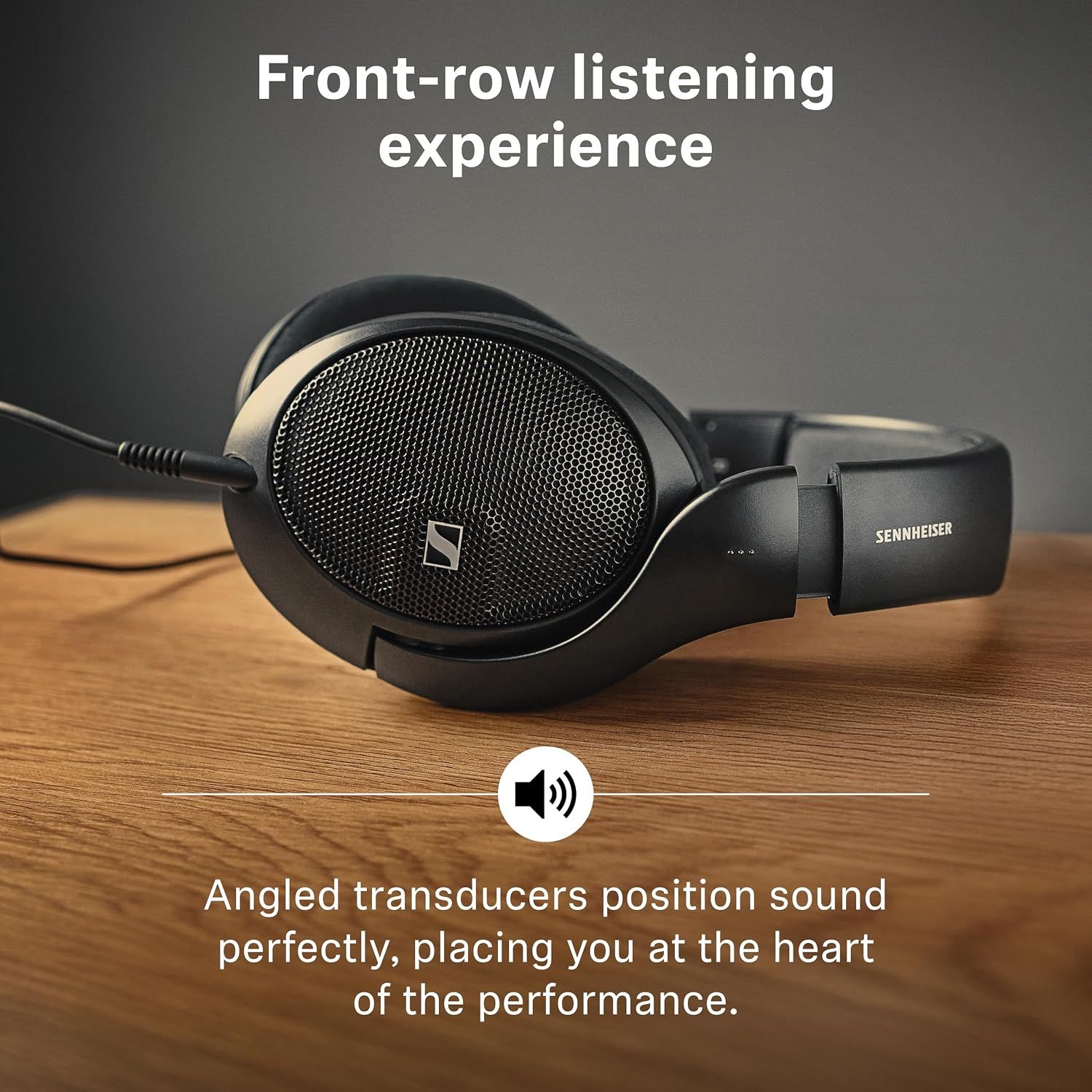 Shows the angled drivers placing sound at the centre of the performance, so shoppers expect a front-row listening experience.