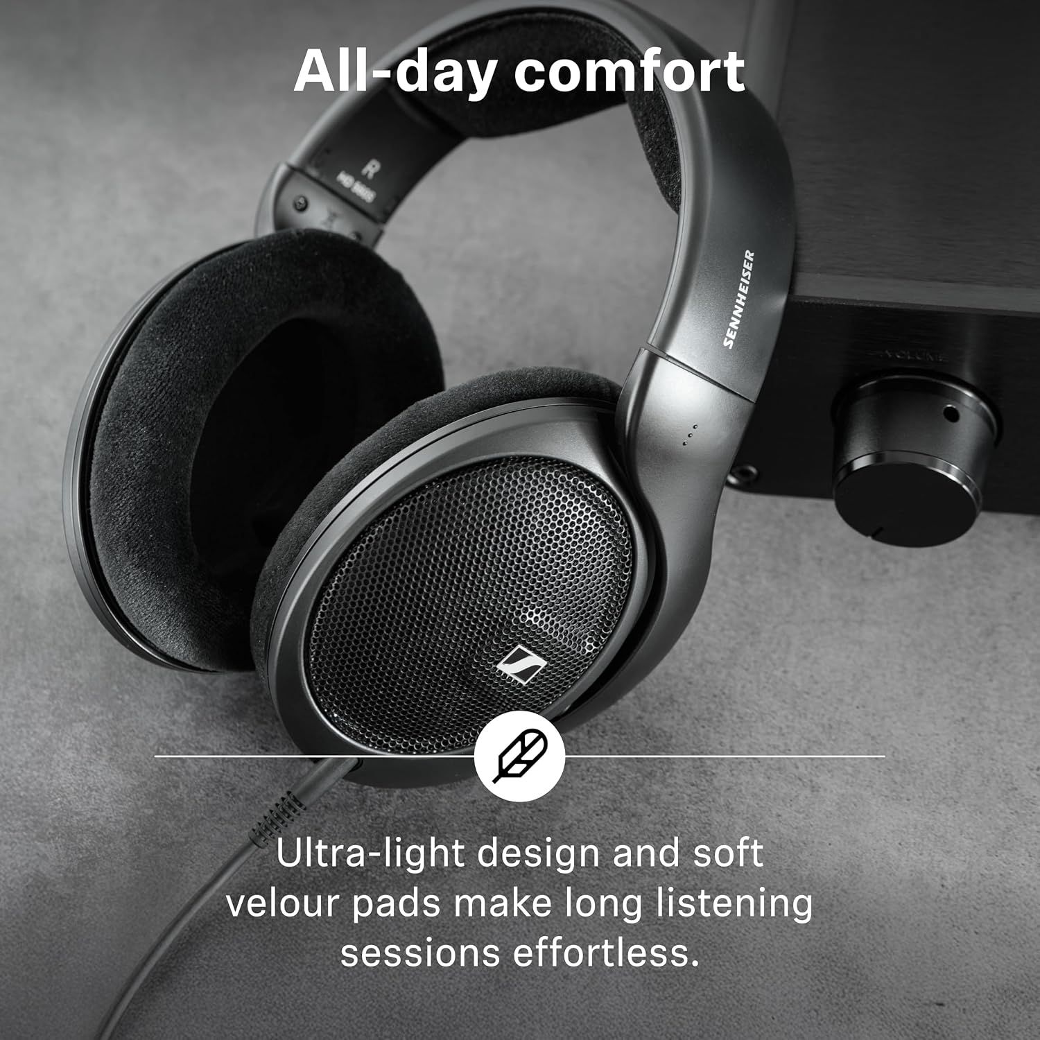 Shows the light build and soft velour pads, reassuring shoppers that long listening sessions stay comfortable.